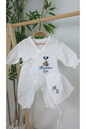 Müslin Yeni Doğan 4Katlı Organik %100Pamuk Kişiye Özgü Nakışlı Hastane Çıkış Seti (Balonlu Aslan)