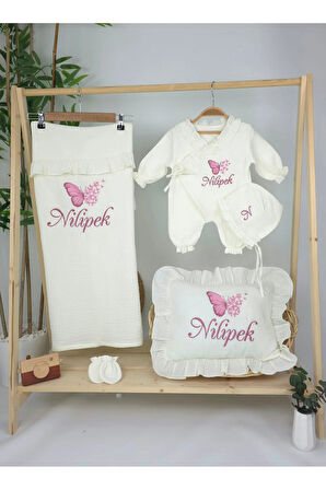 Müslin Yeni Doğan 4Katlı Organik %100Pamuk Kişiye Özgü Nakışlı Hastane Çıkış Seti (Çoklu Kelebek-2)