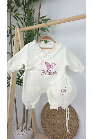Müslin Yeni Doğan 4Katlı Organik %100Pamuk Kişiye Özgü Nakışlı Hastane Çıkış Seti (Çoklu Kelebek-2)
