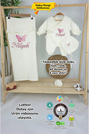 Müslin Yeni Doğan 4Katlı Organik %100Pamuk Kişiye Özgü Nakışlı Hastane Çıkış Seti (Çoklu Kelebek-2)