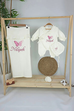 Müslin Yeni Doğan 4Katlı Organik %100Pamuk Kişiye Özgü Nakışlı Hastane Çıkış Seti (Çoklu Kelebek-2)