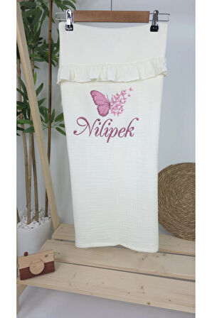 Müslin Yeni Doğan 4Katlı Organik %100Pamuk Kişiye Özgü Nakışlı Hastane Çıkış Seti (Çoklu Kelebek-2)