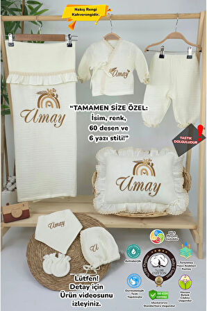 Müslin Yeni Doğan 4Katlı Organik %100Pamuk Kişiye Özgü Nakışlı Hastane Çıkış Seti(Gökkuşağı Model1)