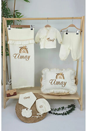 Müslin Yeni Doğan 4Katlı Organik %100Pamuk Kişiye Özgü Nakışlı Hastane Çıkış Seti(Gökkuşağı Model1)