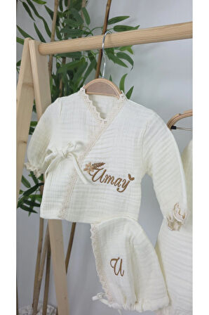 Müslin Yeni Doğan 4Katlı Organik %100Pamuk Kişiye Özgü Nakışlı Hastane Çıkış Seti(Gökkuşağı Model1)