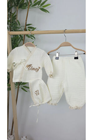 Müslin Yeni Doğan 4Katlı Organik %100Pamuk Kişiye Özgü Nakışlı Hastane Çıkış Seti(Gökkuşağı Model1)