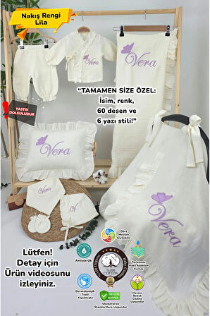 - Müslin Yeni Doğan 4Katlı Organik %100Pamuk Kişiye Özgü Nakışlı Hastane Çıkış Seti(Tekli Kelebek-1)