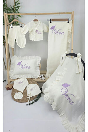 - Müslin Yeni Doğan 4Katlı Organik %100Pamuk Kişiye Özgü Nakışlı Hastane Çıkış Seti(Tekli Kelebek-1)