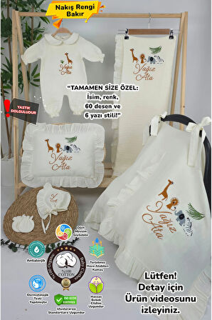 Müslin Yeni Doğan 4Katlı Organik %100Pamuk Kişiye Özgü Nakışlı Hastane Çıkış Seti (Safari Model-3)