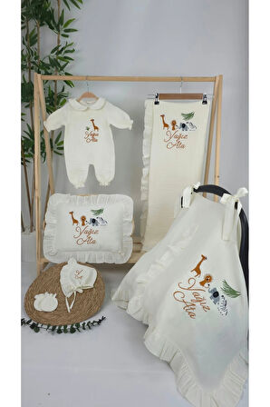 Müslin Yeni Doğan 4Katlı Organik %100Pamuk Kişiye Özgü Nakışlı Hastane Çıkış Seti (Safari Model-3)