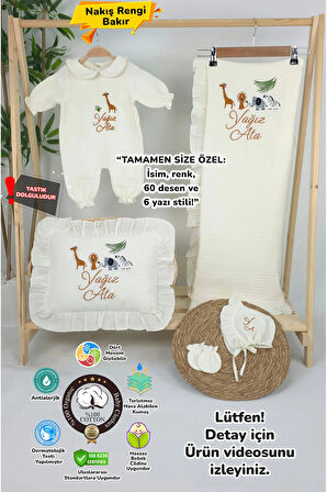 Müslin Yeni Doğan 4Katlı Organik %100Pamuk Kişiye Özgü Nakışlı Hastane Çıkış Seti (Safari Model-3)