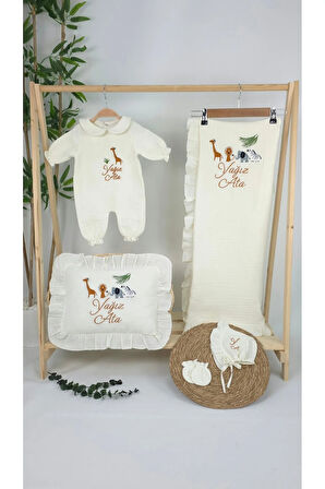 Müslin Yeni Doğan 4Katlı Organik %100Pamuk Kişiye Özgü Nakışlı Hastane Çıkış Seti (Safari Model-3)
