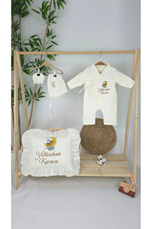 Müslin Yeni Doğan 4Katlı Organik %100Pamuk Kişiye Özgü Nakışlı Hastane Çıkış Seti(Ay YıldızlıAyıcık)