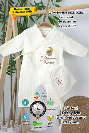 Müslin Yeni Doğan 4Katlı Organik %100Pamuk Kişiye Özgü Nakışlı Hastane Çıkış Seti(Ay YıldızlıAyıcık)