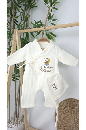 Müslin Yeni Doğan 4Katlı Organik %100Pamuk Kişiye Özgü Nakışlı Hastane Çıkış Seti(Ay YıldızlıAyıcık)