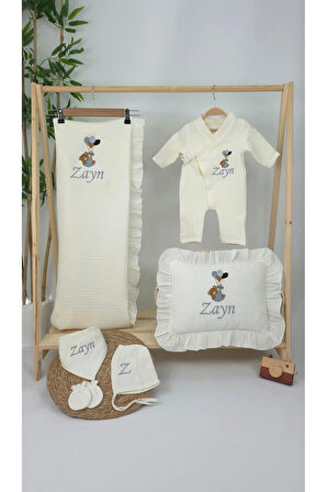 Müslin Yeni Doğan 4Katlı Organik %100Pamuk Kişiye Özgü Nakışlı Hastane Çıkış Seti (Balonlu Ayıcık-2)