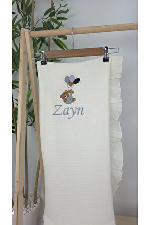Müslin Yeni Doğan 4Katlı Organik %100Pamuk Kişiye Özgü Nakışlı Hastane Çıkış Seti (Balonlu Ayıcık-2)