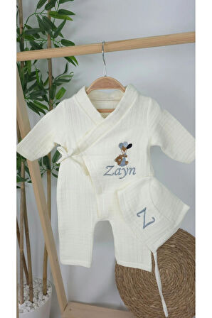 Müslin Yeni Doğan 4Katlı Organik %100Pamuk Kişiye Özgü Nakışlı Hastane Çıkış Seti (Balonlu Ayıcık-2)