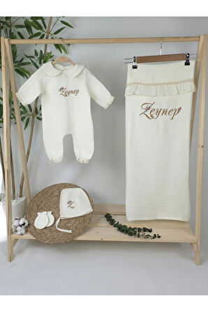 Müslin Yeni Doğan 4Katlı Organik %100Pamuk Kişiye Özgü Nakışlı Hastane Çıkış Seti (Papatya-3)