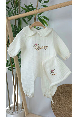 Müslin Yeni Doğan 4Katlı Organik %100Pamuk Kişiye Özgü Nakışlı Hastane Çıkış Seti (Papatya-3)