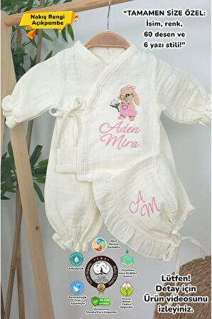 Müslin Yeni Doğan 4Katlı Organik %100Pamuk Kişiye Özgü Nakışlı Hastane Çıkış Seti (Tavşan Modell-2)