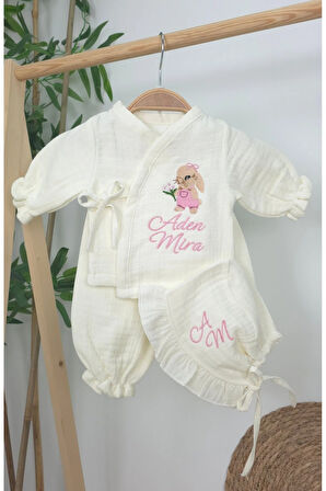 Müslin Yeni Doğan 4Katlı Organik %100Pamuk Kişiye Özgü Nakışlı Hastane Çıkış Seti (Tavşan Modell-2)