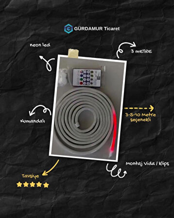 GÜRDAMUR TİCARET  RGB Kumandalı Sese Duyarlı Animasyonlu Neon Şerit Hortum Led USB ve App Uyumlu 10 Metre