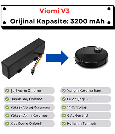 Viomi V3 Uyumlu Batarya 14.4V 3200 mAh Orijinal Kapasite Robot Süpürge Pili