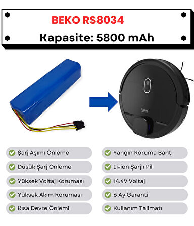 Beko RS8034 Uyumlu Batarya 14.4V 5800 mAh Robot Süpürge Pili