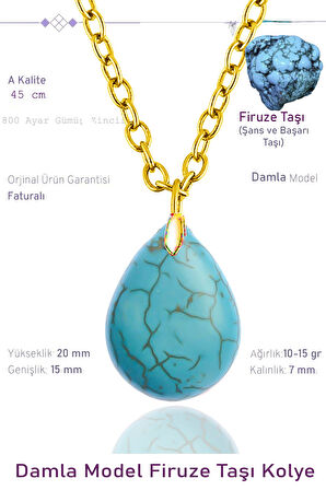 Sertifikalı Damla Model Gerçek Firuze Taşı Kolye - 24k Altın Kaplama