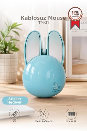 Fare Çeşidi Optik Cihaz Ofis Gereci Kablosuz Tavşan Kulaklı Sessiz Mouse TM21 Mavi