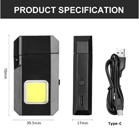 GS-4000 Su Geçirmez COB LED Type-C Şarjlı Elektrikli Çakmak Cep Işığı
