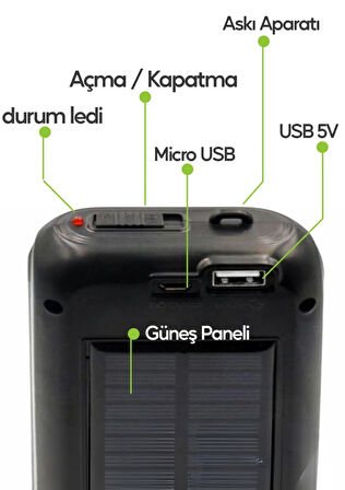 Güneş Panelli Handy Power Bank Özellikli Fener Işıldak 32 Süper Smd Ledli El Feneri Ev Kamp Outdoor Aydınlatma