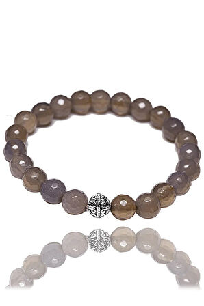 Sertifikalı Fasetli Gri Akik Taşı Bileklik - Gümüş Aparatlı