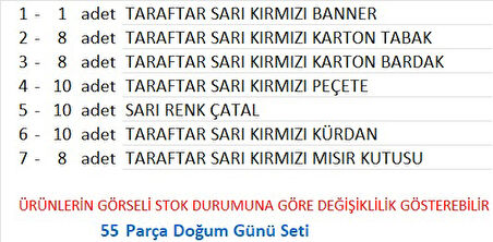 Taraftar (Galatasaray)  Banner, 8 Tabak, 8 Bardak, 8 Mısır Kutusu, 10 Peçete, 10 Çatal, 10 Kürdan