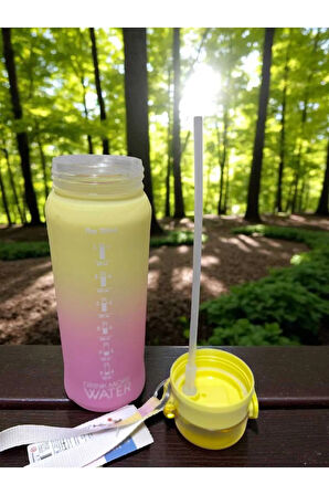 PİPETLİ Çift Renk Motivasyon Su Matarası 700 ml sızdırmaz kapak el tutmaç lı su şişesi