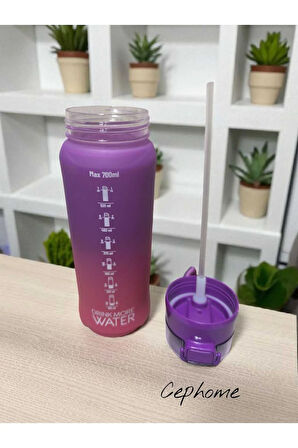 PİPETLİ Çift Renk Motivasyon Su Matarası 700 ml sızdırmaz kapak el tutmaç lı su şişesi