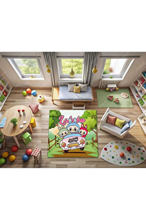 Çocuk Halısı LABUBU figürlü kaymaz taban dijital baskı 120x120 cm antiallerjik