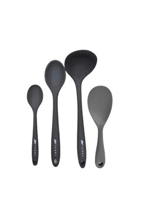 4'lü set silikon1 kepçe 1 kaşık (27.5cm) 1 kaşık (20 cm) 1 pilav kaşığı GRİ