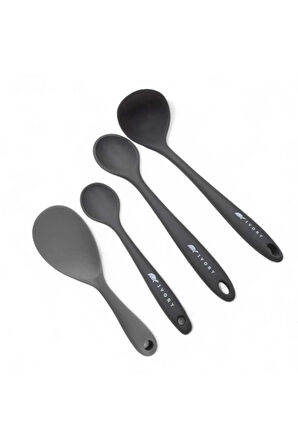 4'lü set silikon1 kepçe 1 kaşık (27.5cm) 1 kaşık (20 cm) 1 pilav kaşığı GRİ
