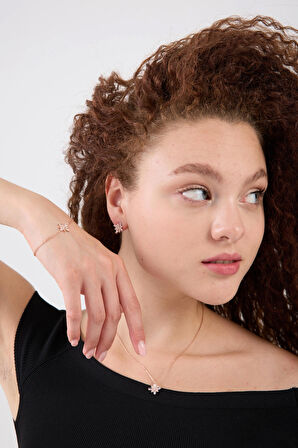 Madam Matmazel Zarif Umut Çiçeği Desenli 925 Ayar Gümüş Takı Seti, Kadın, Kolye Bileklik Küpe, 3 Parça, Hediye Kutulu