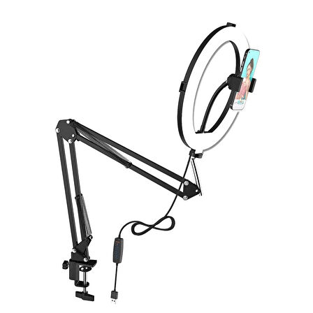 Microcase Esnek Ayarlanabilir Metal Youtuber Işık Selfie Çalışma Işığı Halka Set - SİYAH AL5174