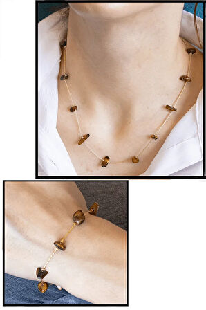 Sertifikalı Kaplan Gözü Taşlı Doğal Taş Kolye Bileklik Seti