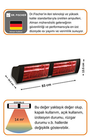 Goldsun Supra 3000 Watt GSS30LG Düşük Işıklı Kumandasız Suya Dayanıklı Elektrikli İnfrared Isıtıcı-Siyah