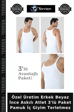 Özel Üretim Erkek Beyaz İnce Askılı Atlet 3'lü Paket Pamuk İç Giyim Terletmez