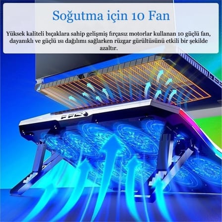 RGB Işıklı 10 Fanlı LCD Ekranlı Notebook Laptop Soğutucu Yükseklik Ayarlı 9-17 İnç 2 USB Girişli Soğutucu
