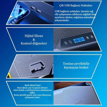RGB Işıklı 10 Fanlı LCD Ekranlı Notebook Laptop Soğutucu Yükseklik Ayarlı 9-17 İnç 2 USB Girişli Soğutucu
