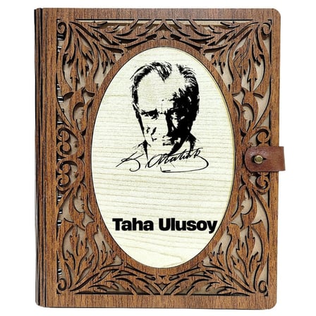 Atatürk Tasarımlı Kişiye Özel Ahşap Defter - İsme Özel