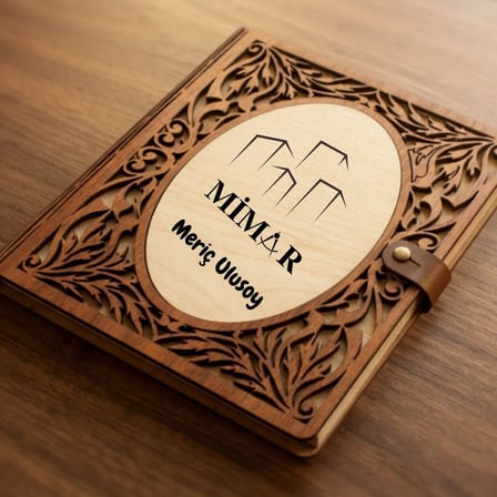 Mimar Tasarımlı Kişiye Özel Ahşap Kapaklı Defter - Çizim ve Eskiz İçin 60 Yaprak Kraft Kağıtlı Mesleki Hediye