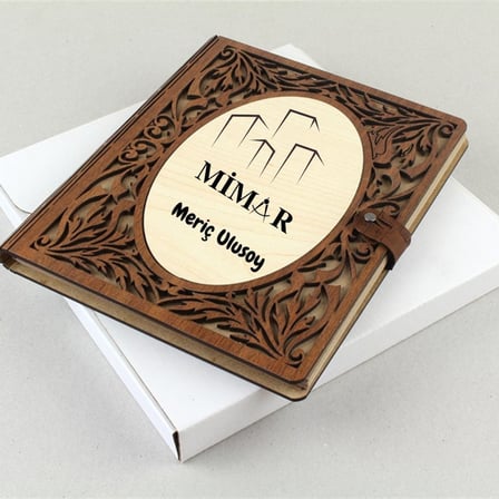 Mimar Tasarımlı Kişiye Özel Ahşap Kapaklı Defter - Çizim ve Eskiz İçin 60 Yaprak Kraft Kağıtlı Mesleki Hediye